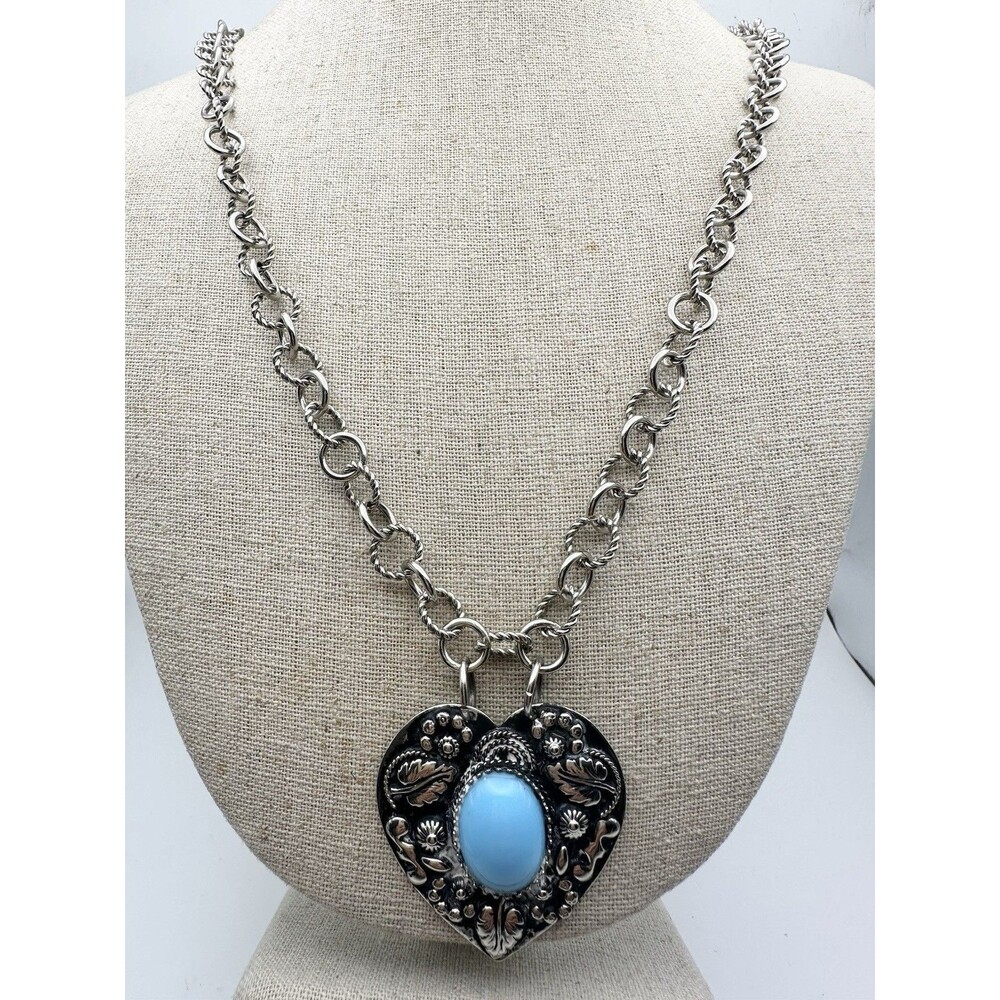 Vintage Silver Tone Filigree Faux Turquoise Heart Link Chain Necklace 24”